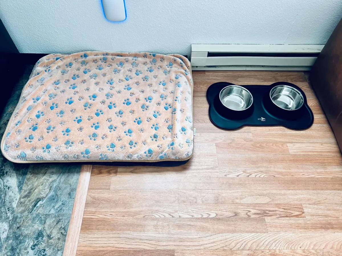A cozy nook featuring a pet bed and food and water bowls, set against a warm interior backdrop. The setup is clearly designed for the comfort of furry companions, emphasizing the pet-friendly nature of the space.